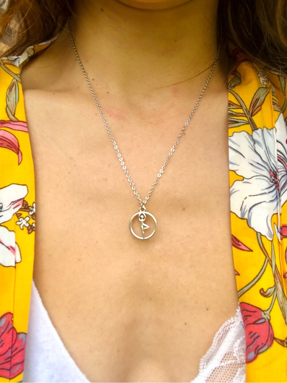 Yoga Tree Pose Pendant Necklace Silver Stainless Steel